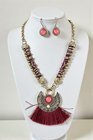 TASSEL FAN PENDANT CORD CHAIN NECKLACE SET