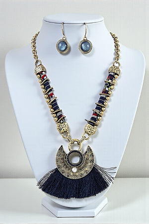 TASSEL FAN PENDANT CORD CHAIN NECKLACE SET