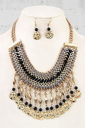 MULTI CORD HAMMERED DANGLE DISK NECKLACE SET
