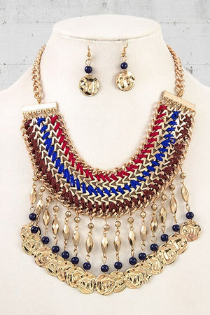 MULTI CORD HAMMERED DANGLE DISK NECKLACE SET