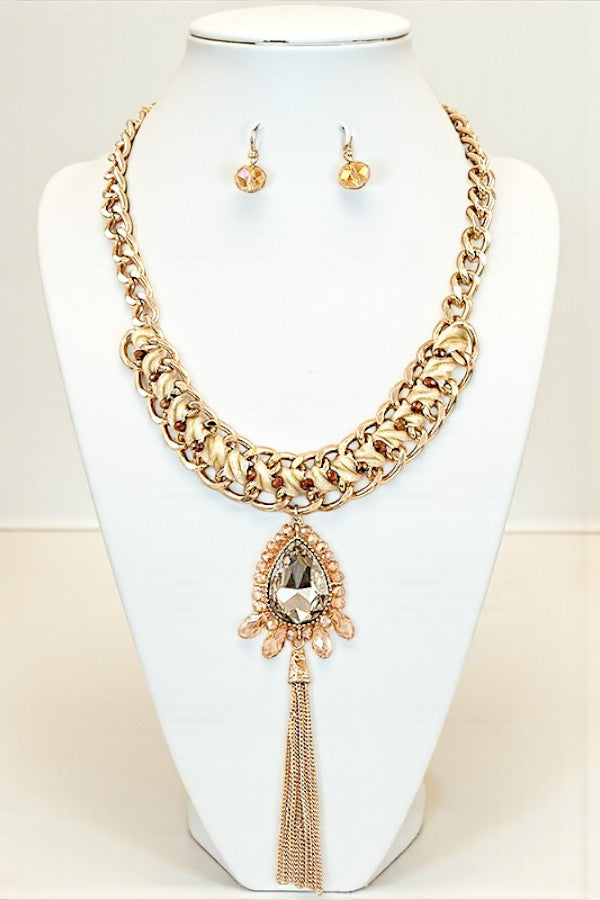 WOVEN CHAIN GEM TASSEL PENDANT NECKLACE SET