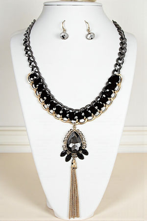 WOVEN CHAIN GEM TASSEL PENDANT NECKLACE SET