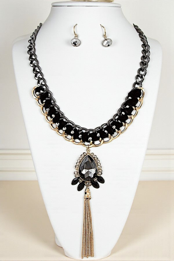 WOVEN CHAIN GEM TASSEL PENDANT NECKLACE SET