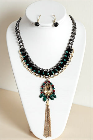 WOVEN CHAIN GEM TASSEL PENDANT NECKLACE SET