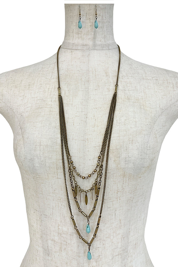 Dangling Charm Faceted Pendant Long Necklace Set