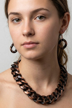 WIDE FLAT EDGE CHUNKY CHAIN NECKLACE EARRING SET
