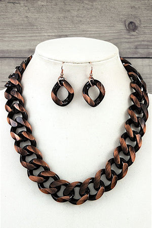 WIDE FLAT EDGE CHUNKY CHAIN NECKLACE EARRING SET
