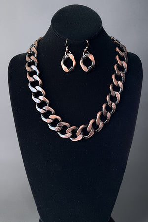 FLAT EDGE BULKY CHAIN NECKLACE AND DANGLE EARRING SET