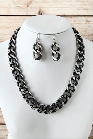 FLAT EDGE CHAIN STATEMENT NECKLACE AND CHAIN LINK DANGLE EARRING SET