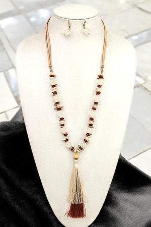 ELONGATED MIX WOOD GEM BEAD NECKLACE SET