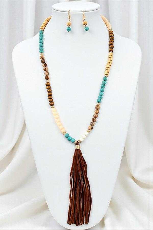 ELONGATED BEADED FAUX SUEDE TASSEL NECKLACE SET