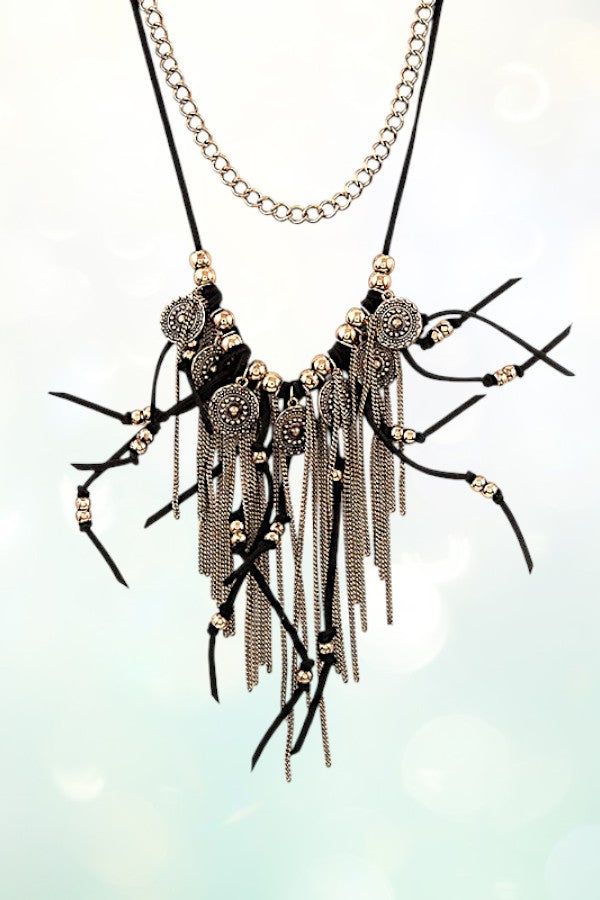 ETCHED DISK FRINGE BIB NECKLACE