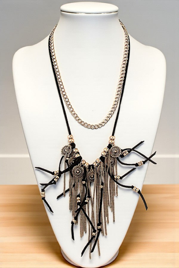 ETCHED DISK FRINGE BIB NECKLACE
