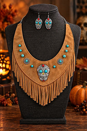 FAUX SUEDE SKULL ACCENT FRINGE BIB NECKLACE SET