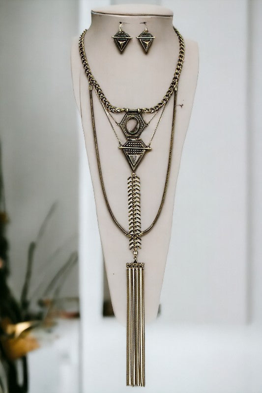 Gemstone Framed Hingebone Chain Necklace Set