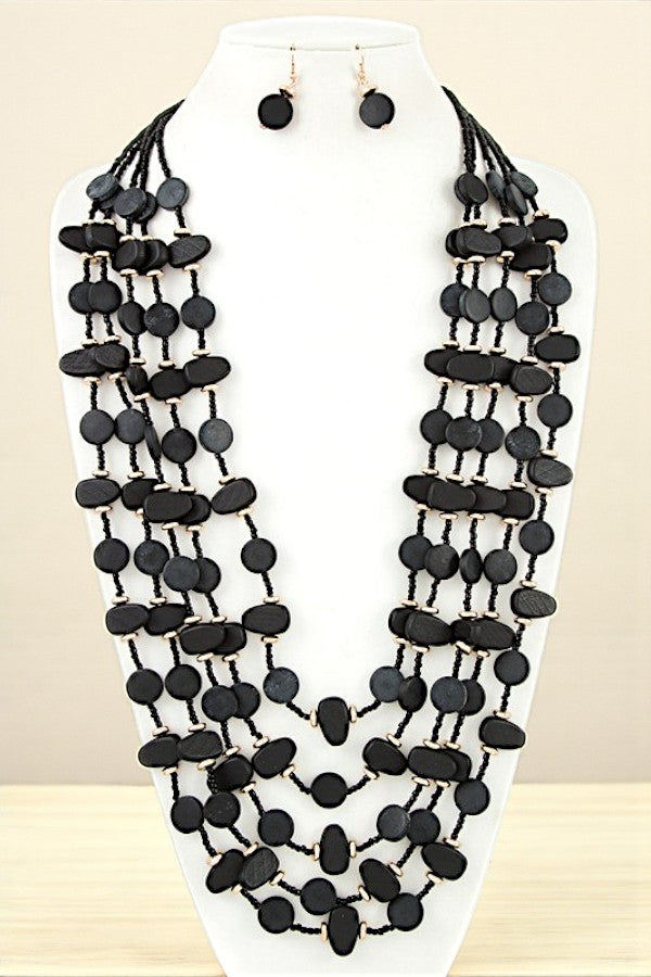 ROUND WOOD DRAPED LAYERED STATEMENT NECKLACE
