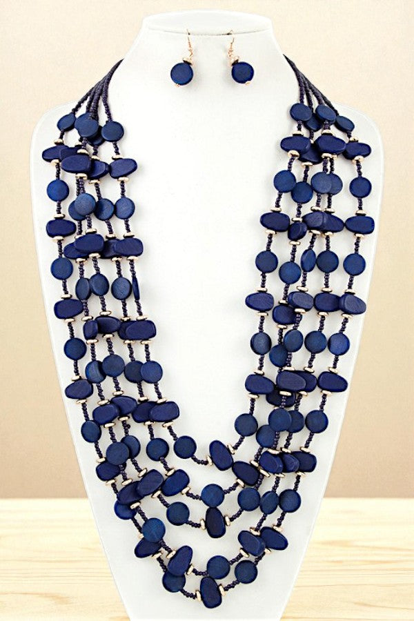 ROUND WOOD DRAPED LAYERED STATEMENT NECKLACE