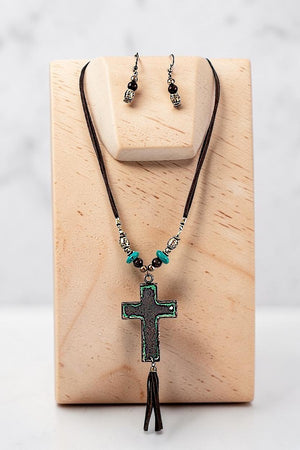 HAMMERED CROSS ACCENT FAUX SUEDE TASSEL CORD NECKLACE AND BEAD DANGLE EARRING SET