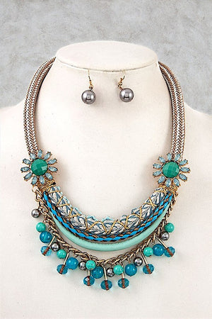 BEADED FLORAL ACCENT CHUNKY ROPE NEKCLACE SET
