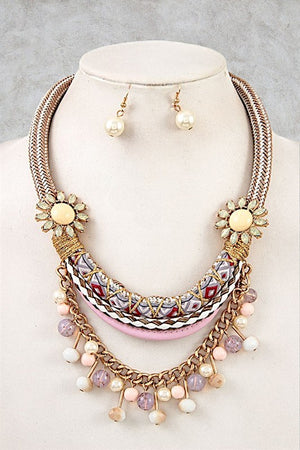 BEADED FLORAL ACCENT CHUNKY ROPE NEKCLACE SET