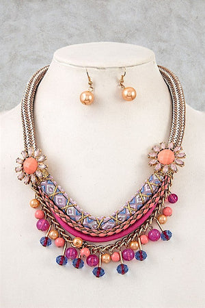 BEADED FLORAL ACCENT CHUNKY ROPE NEKCLACE SET