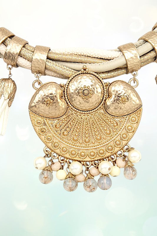 MULTI CORD TASSEL BEAD GEM ORNATE NECKLACE SET