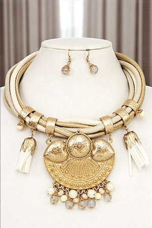 MULTI CORD TASSEL BEAD GEM ORNATE NECKLACE SET