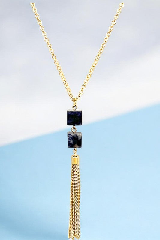 Elongated Cubic Pendant Tassel Necklace Set