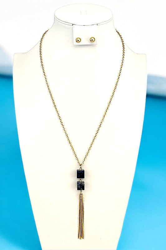 Elongated Cubic Pendant Tassel Necklace Set