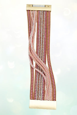 MULTI ROW CHAIN STUD ACCENT PINK STRAPS BRACELET