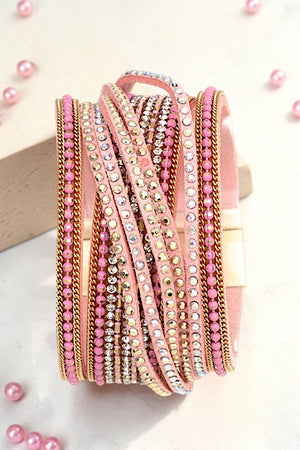 MULTI ROW CHAIN STUD ACCENT PINK STRAPS BRACELET