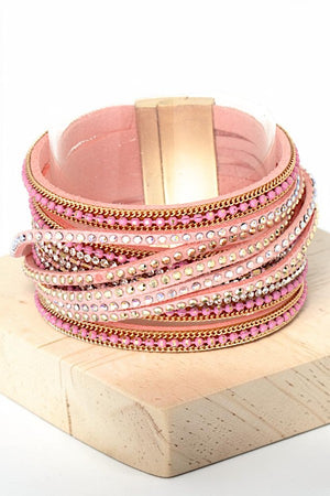 MULTI ROW CHAIN STUD ACCENT PINK STRAPS BRACELET