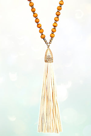 ELONGATED WOODEN BEAD TASSEL NECKLACE