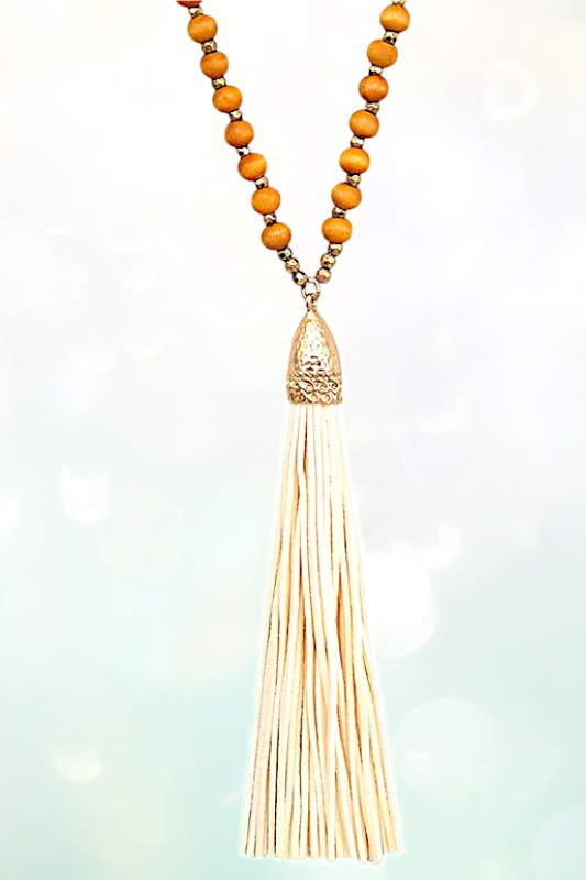 ELONGATED WOODEN BEAD TASSEL NECKLACE