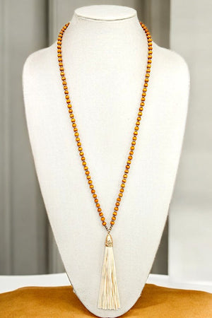 ELONGATED WOODEN BEAD TASSEL NECKLACE