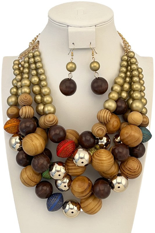 MULTI LAYERED ETCHED WOODEN BEAD NECKLACE SET