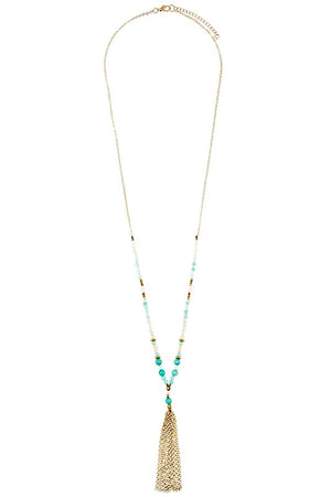 Semi Precious Bead Chain Tassel Long Necklace