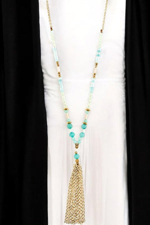 Semi Precious Bead Chain Tassel Long Necklace