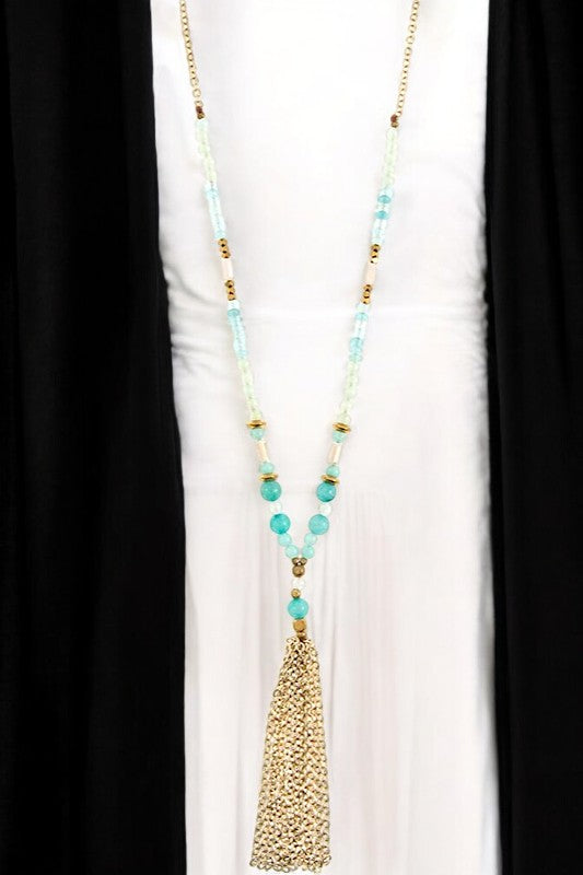 Semi Precious Bead Chain Tassel Long Necklace