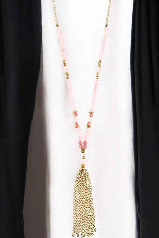 Semi Precious Bead Chain Tassel Long Necklace