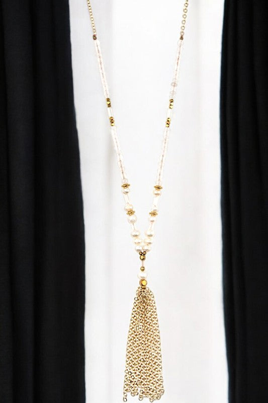 Semi Precious Bead Chain Tassel Long Necklace