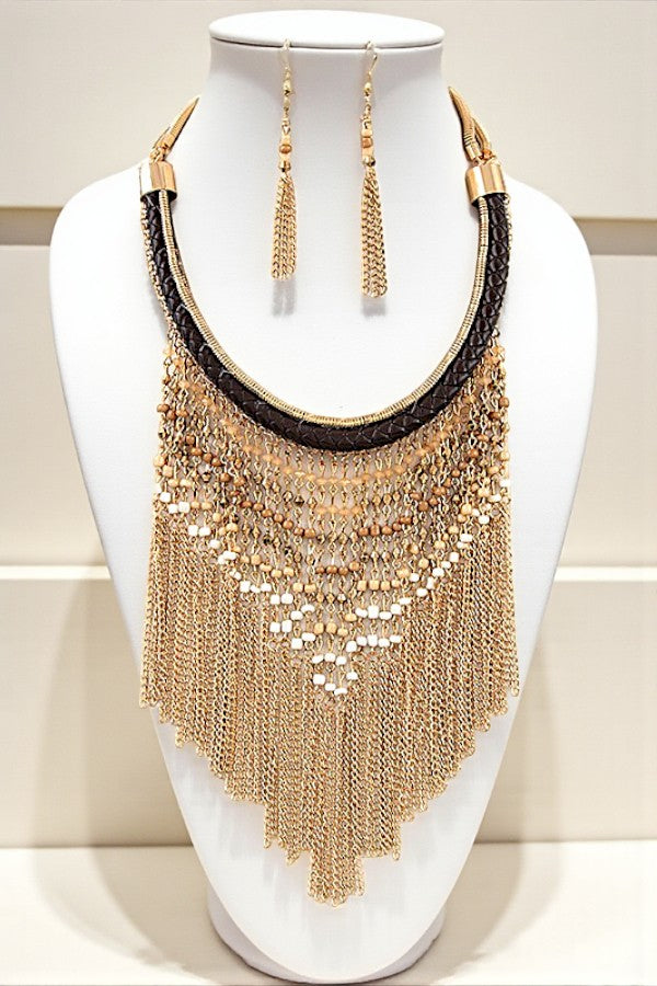 BEADED FRINGE CHAIN BIB NECKLACE SET