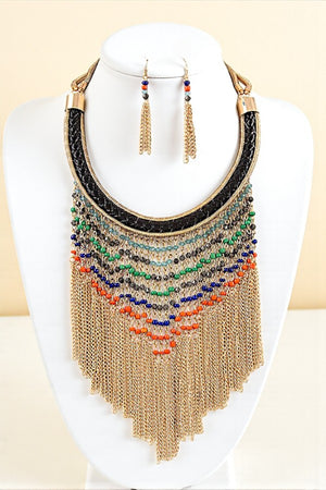 BEADED FRINGE CHAIN BIB NECKLACE SET