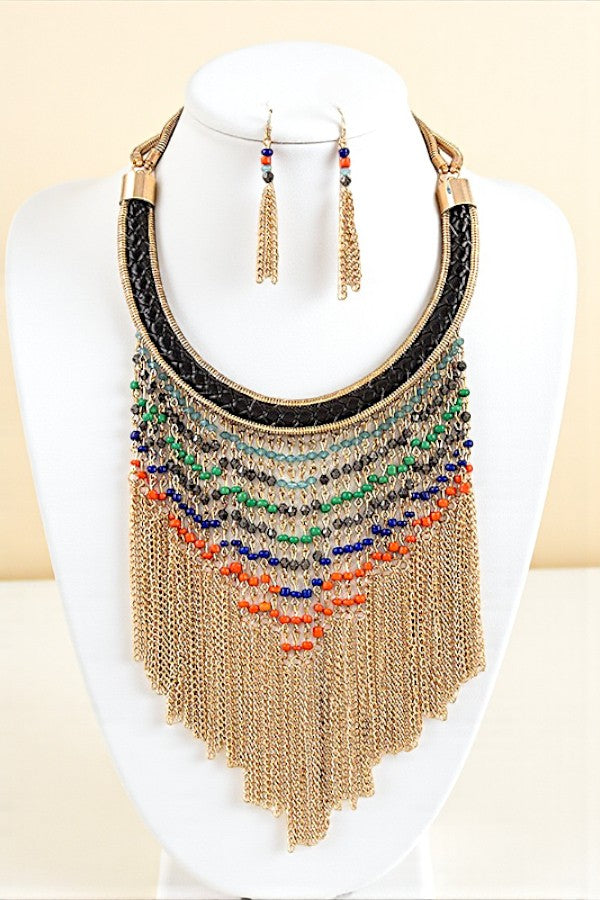 BEADED FRINGE CHAIN BIB NECKLACE SET