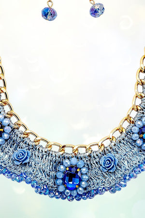 WOVEN FLORAL GEM BEAD ORNATE NECKLACE AND GEM DANGLE EARRING SET