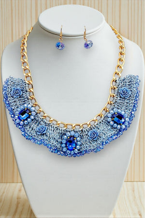 WOVEN FLORAL GEM BEAD ORNATE NECKLACE AND GEM DANGLE EARRING SET