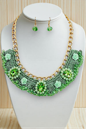WOVEN FLORAL GEM BEAD ORNATE NECKLACE AND GEM DANGLE EARRING SET