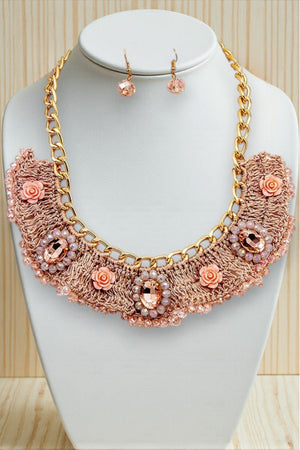 WOVEN FLORAL GEM BEAD ORNATE NECKLACE AND GEM DANGLE EARRING SET