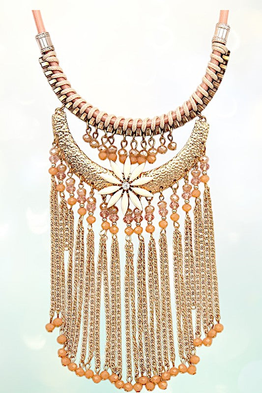 FLORAL ORNATE FRINGE CHAIN BIB NECKLACE SET