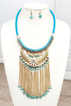 FLORAL ORNATE FRINGE CHAIN BIB NECKLACE SET